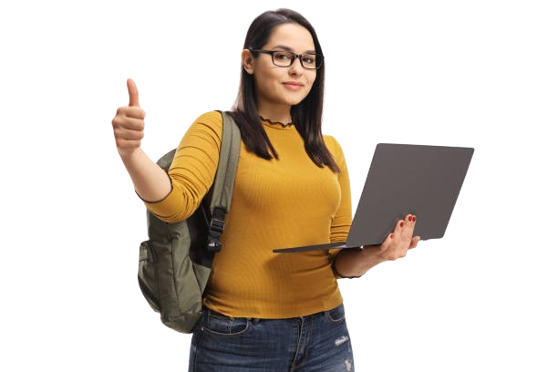 a girl with laptop giving thums up